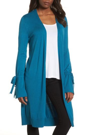 Petite Women's Halogen Lightweight Tie Sleeve Cardigan P - Blue/green