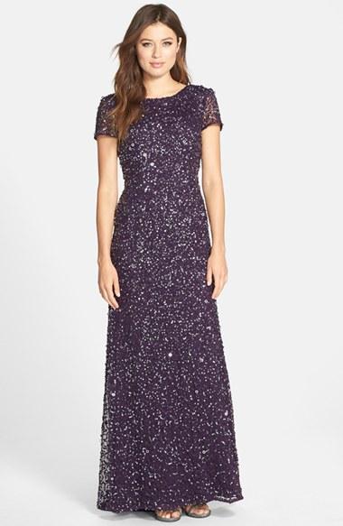 Women's Adrianna Papell Short Sleeve Sequin Mesh Gown - Purple