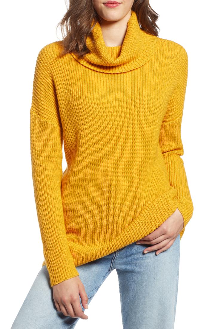Women's Halogen Oversized Turtleneck Tunic Sweater, Size - Yellow