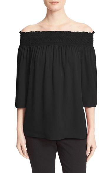 Women's Theory Elistaire Smocked Silk Off The Shoulder Blouse