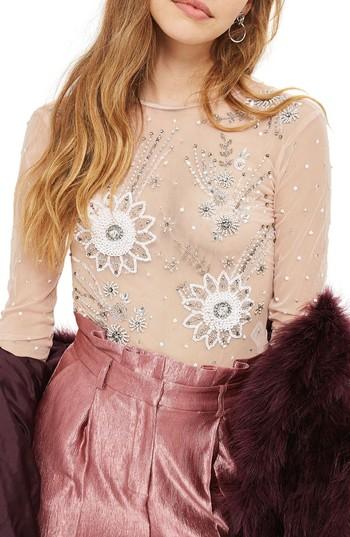 Women's Topshop Embellished Sheer Bodysuit Us (fits Like 0-2) - Beige