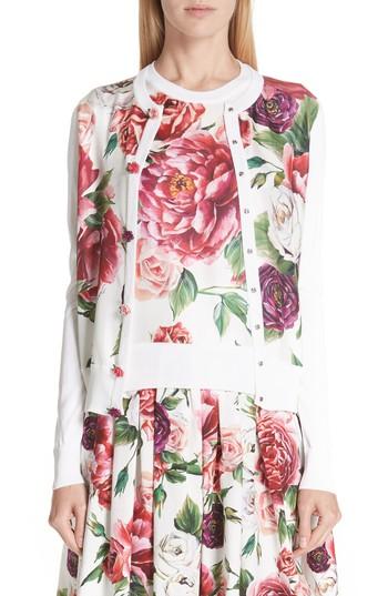 Women's Dolce & Gabbana Peony Print Silk Cardigan Us / 38 It - White