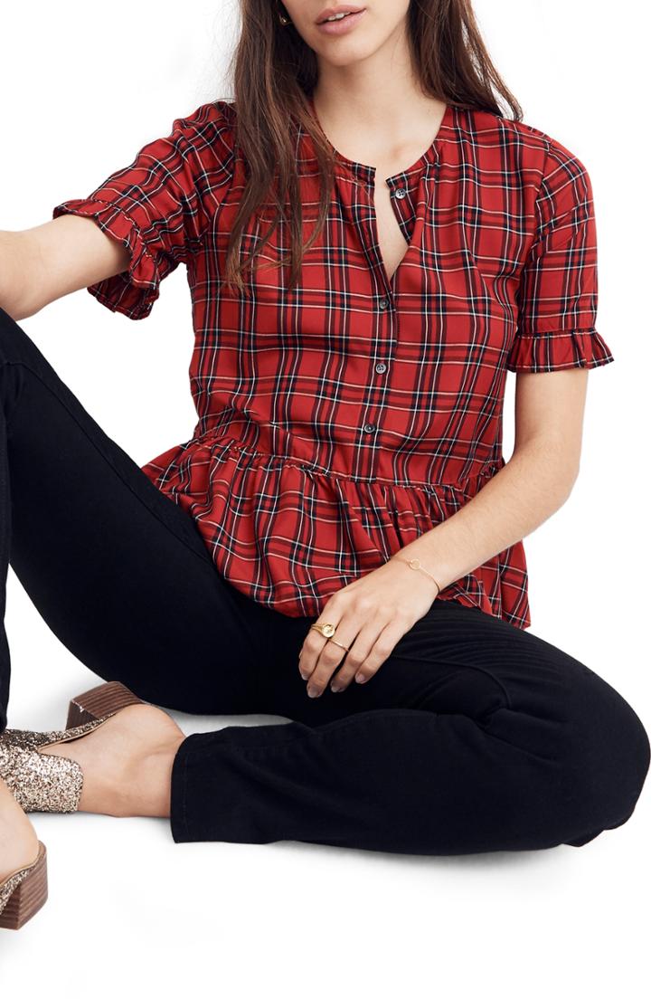Women's Madewell Studio Plaid Ruffle Hem Top, Size - Red
