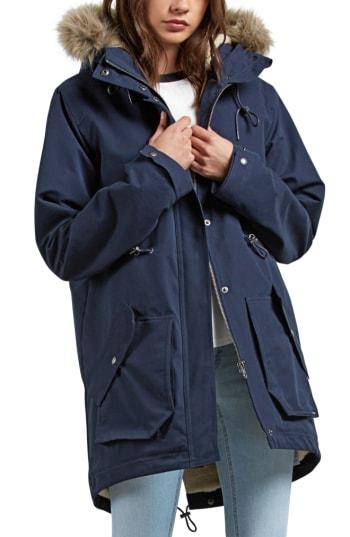 Women's Volcom Less Is More Faux Fur Trim Parka - Blue