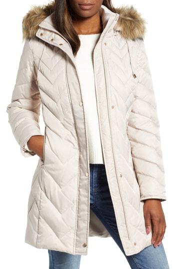 Women's Marc New York Matte Satin Chevron Faux Fur Trim Coat - Ivory