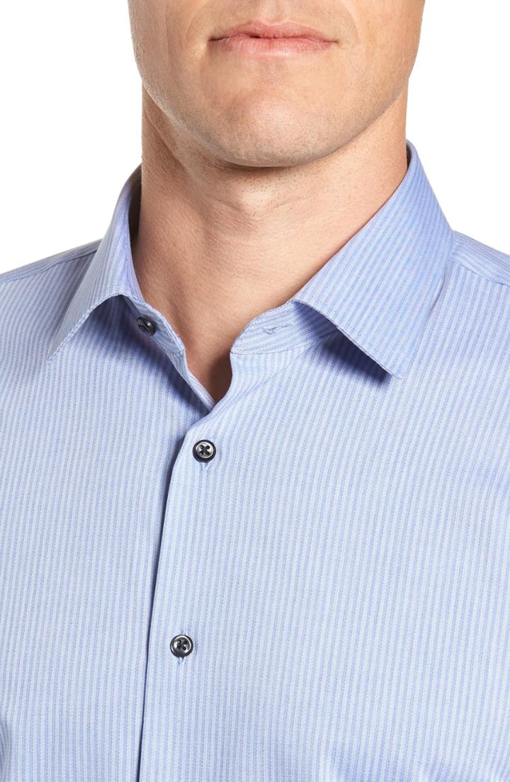 Men's Nordstrom Men's Shop Tech-smart Trim Fit Stretch Stripe Dress Shirt - 36/37 - Blue