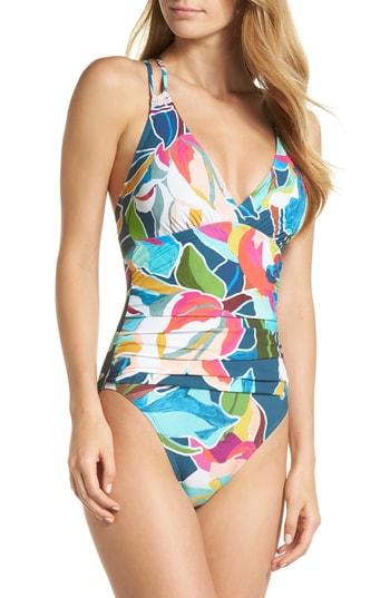 Women's La Blanca Floral Surplice One-piece Swimsuit - Blue