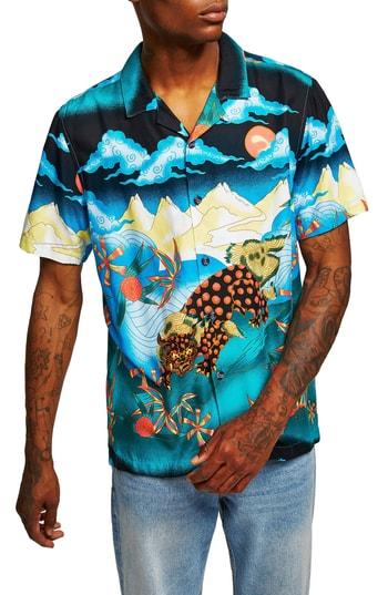 Men's Topman Foo Dog Classic Fit Shirt - Blue