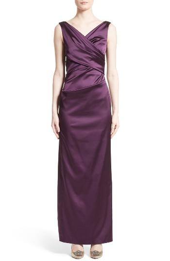 Women's Talbot Runhof V-neck Ruched Stretch Satin Column Gown - Purple