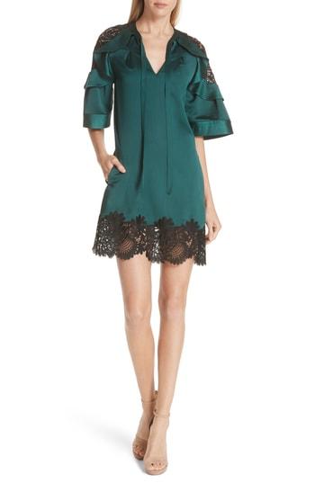 Women's Self-portrait Lace Trim Satin Shift Dress - Green