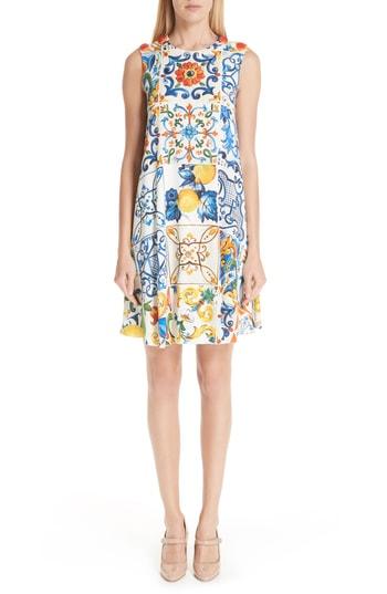 Women's Dolce & Gabbana Tile Print Stretch Silk Dress Us / 40 It - White