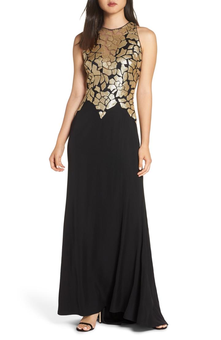 Women's Tadashi Shoji Sleeveless Sequin & Crepe Gown - Black
