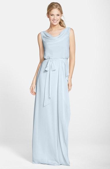 Women's Nouvelle Amsale 'kim' Drape Neck Wrap Skirt Chiffon Gown, Size - Grey