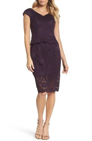 Women's La Femme Embellished Lace Sheath Dress - Purple