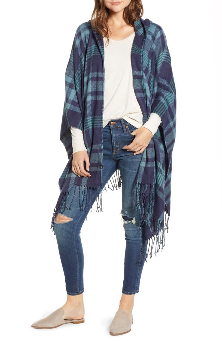 Women's Treasure & Bond Plaid Hooded Poncho, Size - Blue