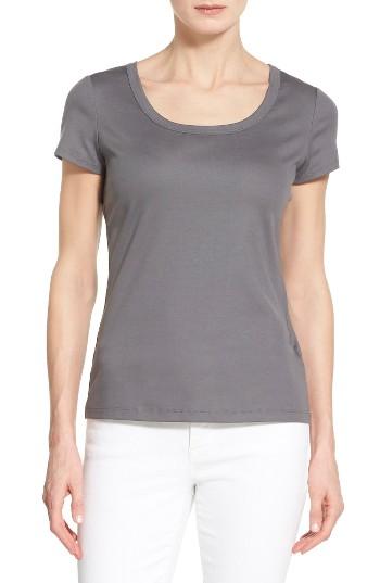 Women's Lafayette 148 New York Scoop Neck Cotton Tee, Size - Grey