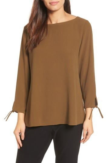 Women's Eileen Fisher Silk Tie Sleeve Blouse, Size - Green