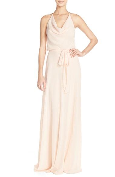 Women's Nouvelle Amsale 'alyssa' Cowl Neck Chiffon Halter Gown - Beige
