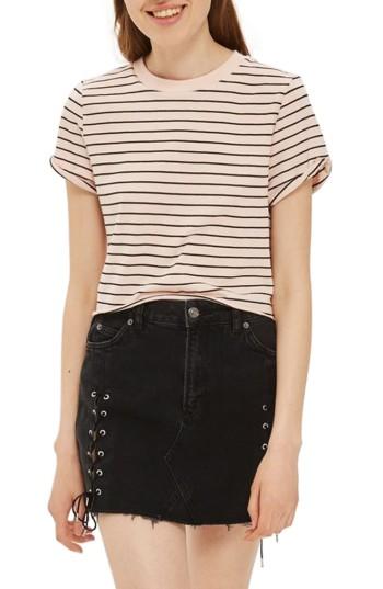 Women's Topshop Roll Cuff Stripe Tee Us (fits Like 0) - Beige
