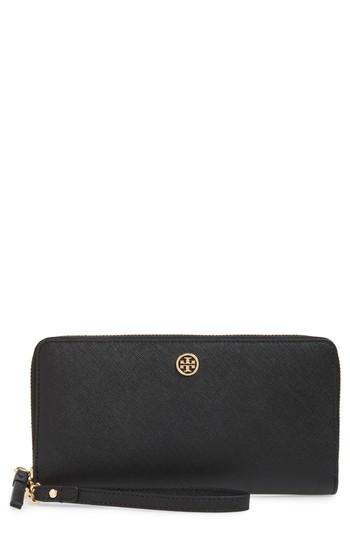 Women's Tory Burch Robinson Continental Passport Leather Travel Wallet - Black