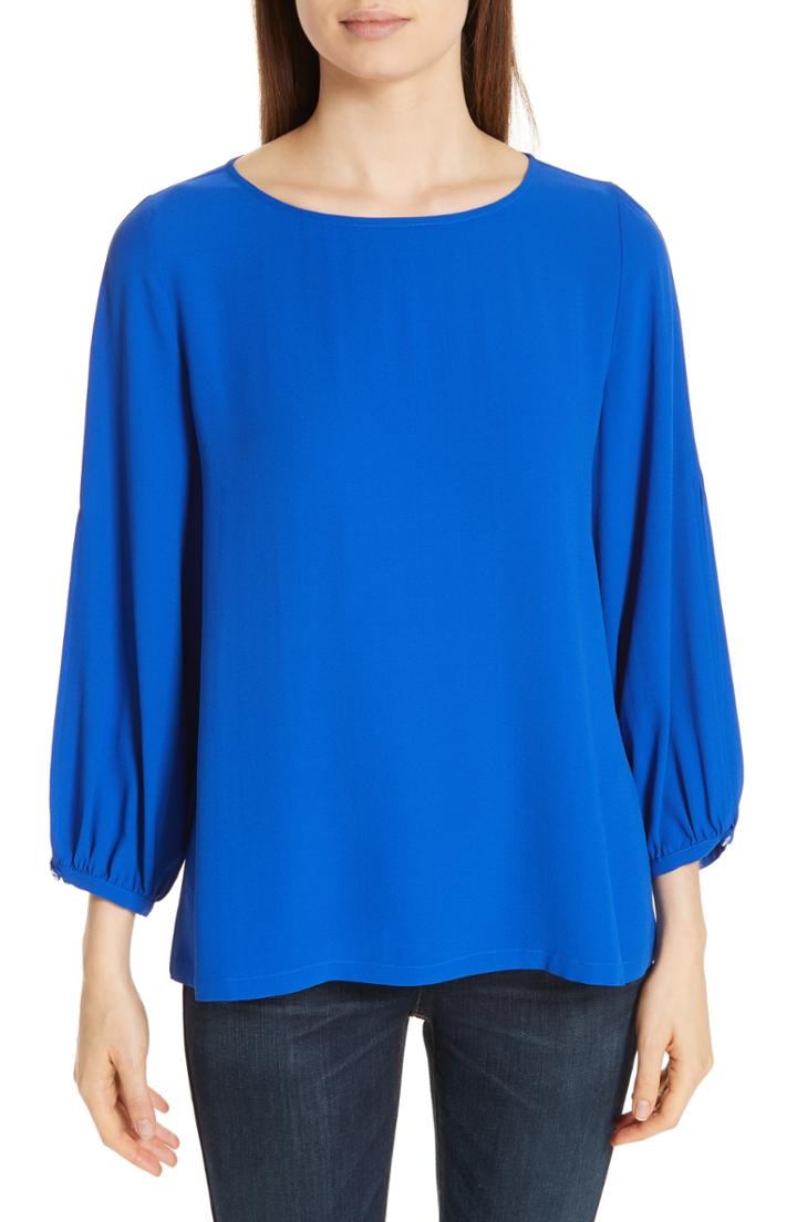 Petite Women's Eileen Fisher Slit Sleeve Silk Top P - Blue