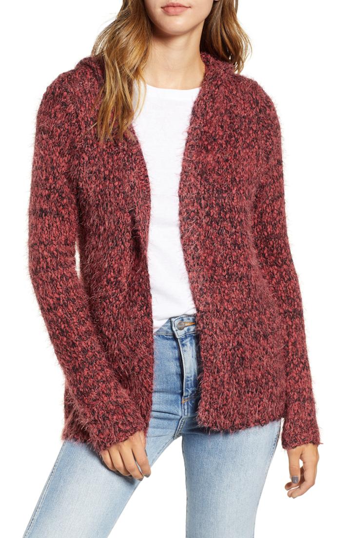 Women's Woven Heart Hooded Eyelash Chenille Cardigan - Burgundy