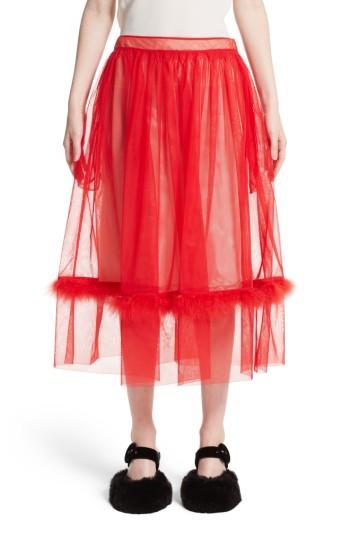 Women's Simone Rocha Marabou Trim Smock Waist Tulle Skirt Us / 6 Uk - Red