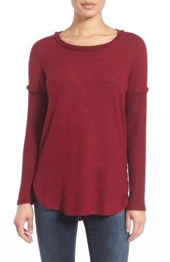 Women's Bobeau Rib Long Sleeve Fuzzy Sweatshirt - Red