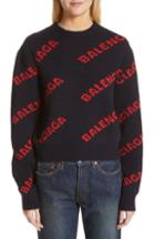 Women's Balenciaga Logo Jacquard Wool Blend Crop Sweater - Blue