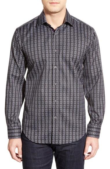 Men's Bugatchi Shaped Fit Check Sport Shirt, Size - Black
