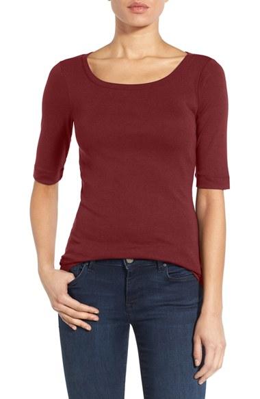 Petite Women's Caslon Ballet Neck Cotton & Modal Knit Elbow Sleeve Tee, Size P - Coral