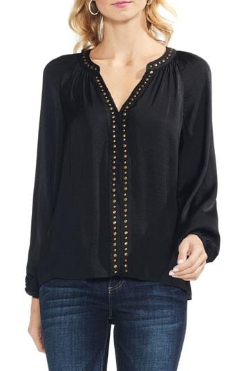 Women's Vince Camuto Stud Detail Hammered Satin Blouse, Size - Black