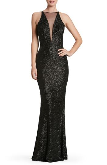 Women's Dress The Population Brenda Plunging Illusion Sequin Mermaid Gown - Black