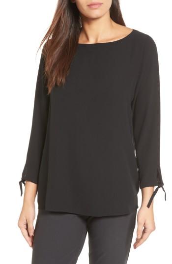Women's Eileen Fisher Silk Tie Sleeve Blouse, Size - Black