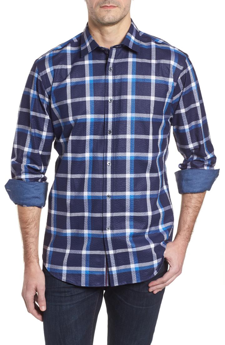 Men's Bugatchi Shaped Fit Windowpane Plaid Sport Shirt