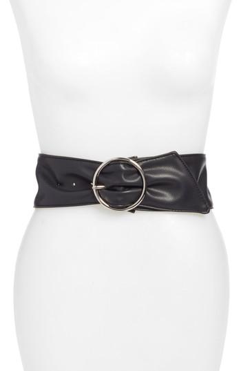 Women's Halogen Round Buckle Faux Leather Belt - Black