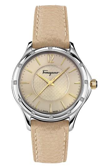 Women's Salvatore Ferragamo Time Diamond Leather Strap Watch, 33mm