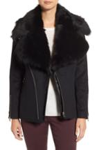 Women's Lamarque Wool Blend Moto Jacket With Detachable Genuine Shearling Collar - Black