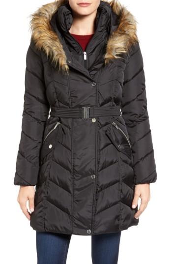 Women's Rachel Roy Faux Fur Trim Quilted Coat With Bib - Black