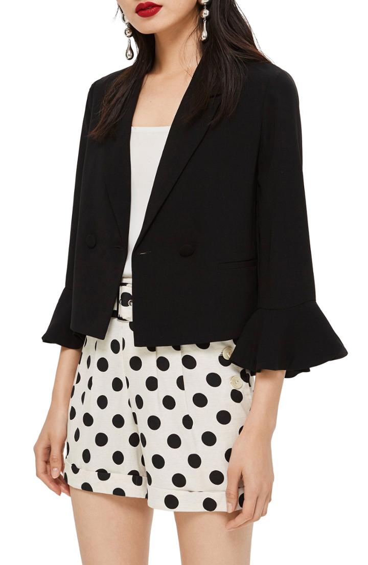 Women's Topshop Frill Sleeve Double Breasted Jacket Us (fits Like 0-2) - Black