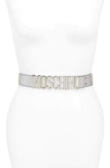 Women's Moschino Logo Plaque Metallic Leather Belt