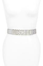 Women's Moschino Logo Plaque Metallic Leather Belt