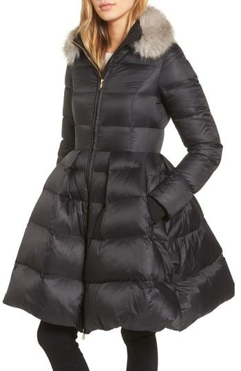 Women's Kate Spade New York Water-repellent Skirted Down Coat With  Detachable Faux Fur Collar - Black | LookMazing