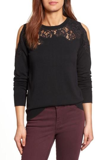Women's Halogen Lace Detail Cold Shoulder Sweater - Black