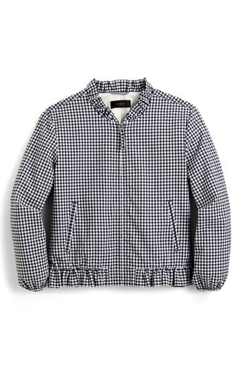 Women's J.crew Ruffle Neck Gingham Bomber Jacket - Blue