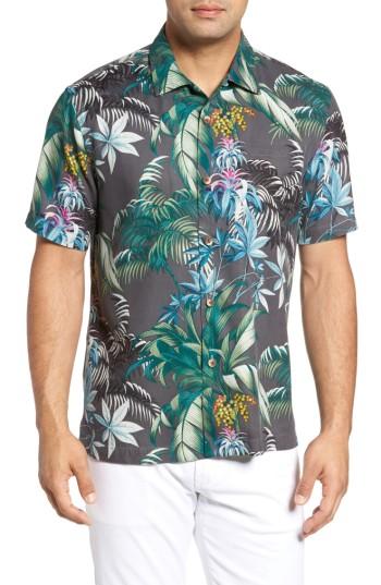 Men's Tommy Bahama Tropical Falls Regular Fit Print Silk Camp Shirt, Size - Black