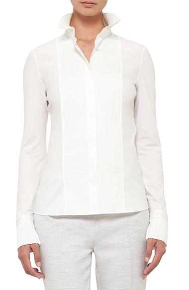 Women's Akris Punto Pleated Collar Poplin & Jersey Blouse
