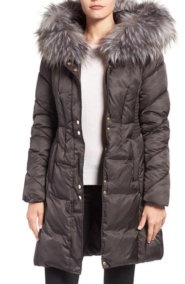 Women's Via Spiga Water Repellent Quilted Puffer Coat With Faux Fur Trim