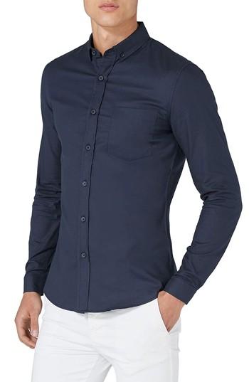 Men's Topman Muscle Fit Oxford Shirt - Blue