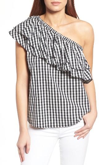 Petite Women's Halogen One-shoulder Cotton Poplin Top, Size P - Black